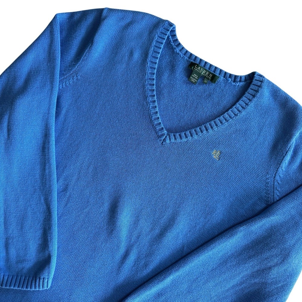 VTG 90s Y2K Ralph Lauren Cotton V Neck Sweater Women's 2X Blue Coastal Preppy